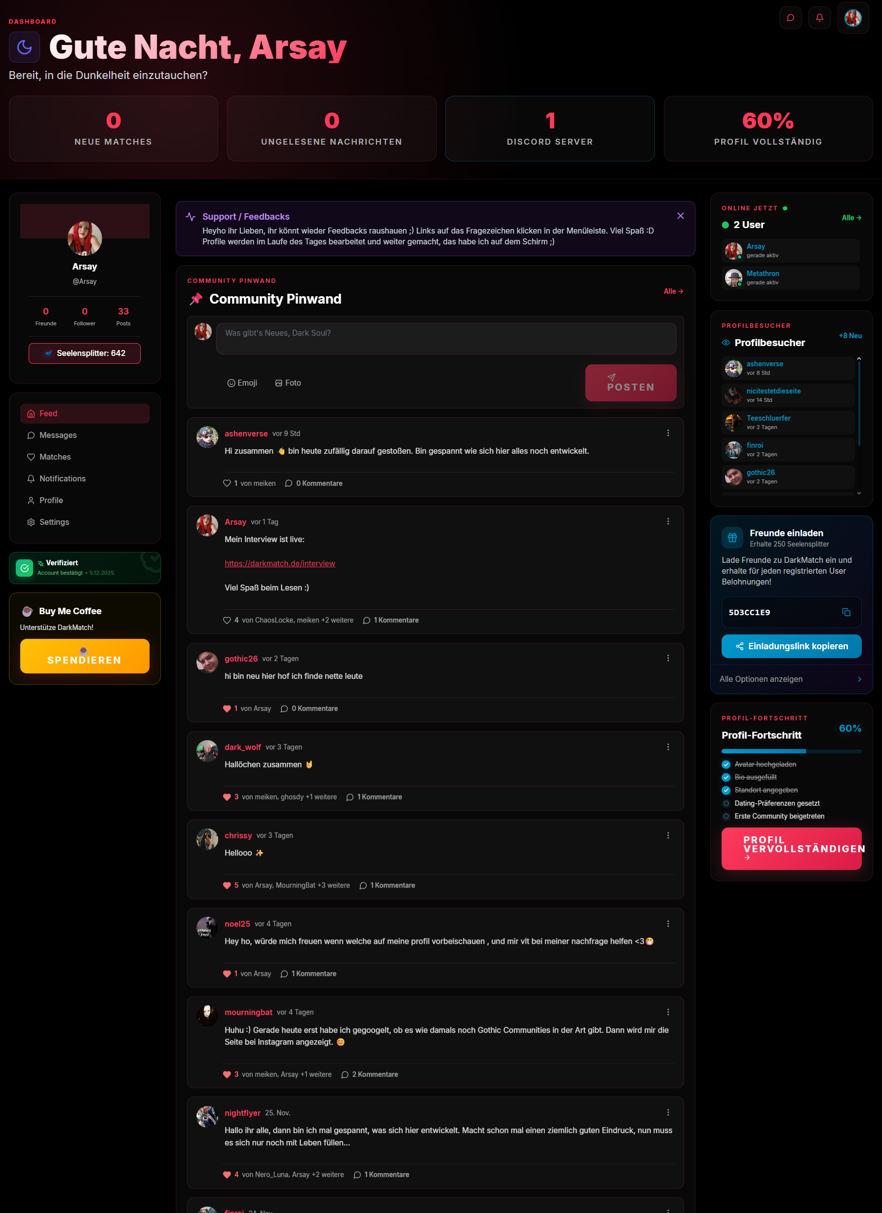 DarkMatch Dashboard - Übersicht mit Matches, Nachrichten und Community-Features