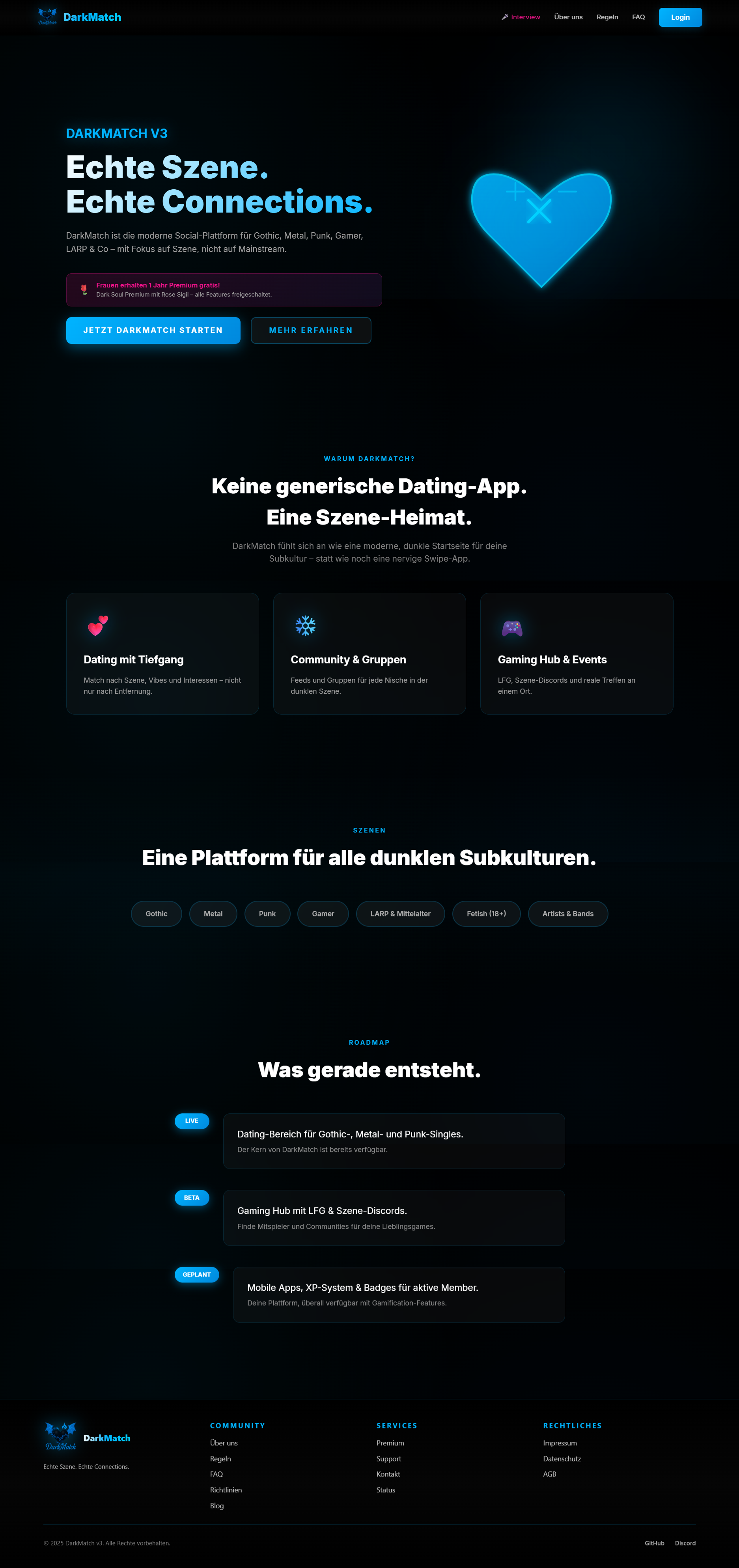 DarkMatch Landing Page - Alternative Community und Dating-Plattform für Subkulturen